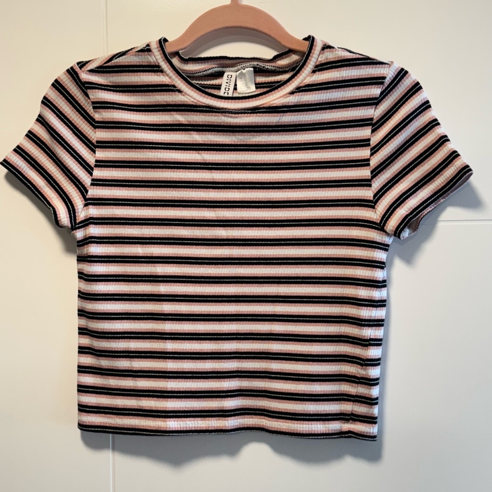 H & M-Divided Striped Ribbed Crop Top; like new pink black and white
